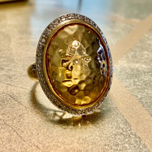 14KT Oval Hammered Gold, Diamond Halo Ring Size 7 Total 5 Grams - Picture 15 of 16